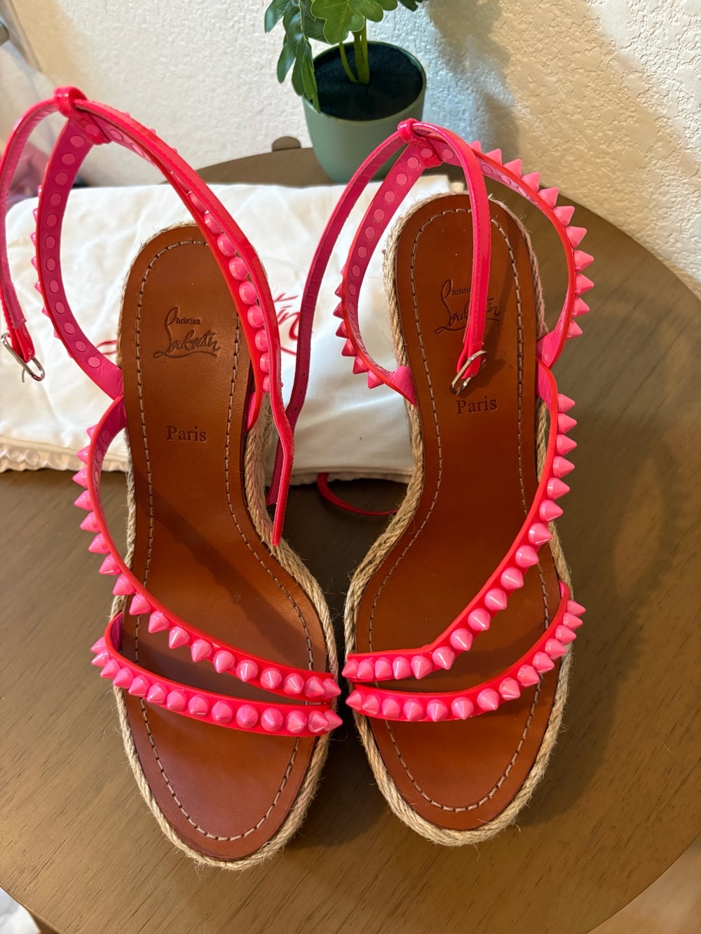 Christian Louboutin Neon Pink Studded Espadrille Sandals
